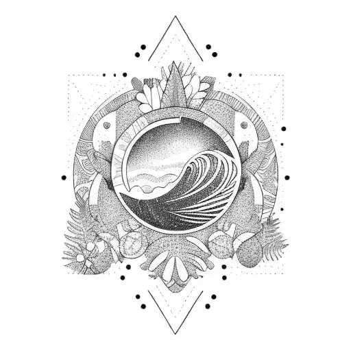 A Coffee Cup Surrounded By Tropical Plants And A Wave In The Background