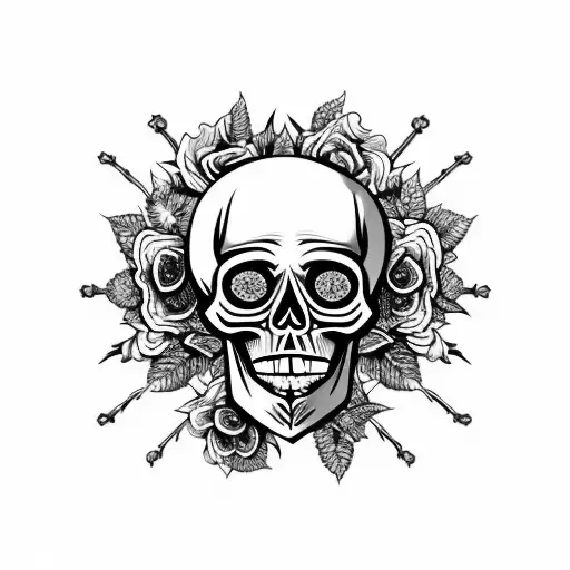 Skull With A Crown Made Of Roses And Laurel With A Background Resembling 9 Circles Of Hell