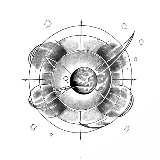 Tattoo With Online Black Color Planets Moon Inside 3 Trinagles And Circles Around