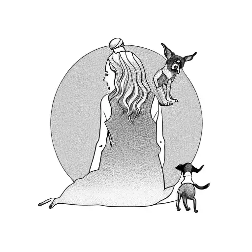 Silhouette Of The Back Of A Woman And Her Dog Looking Out Into Distance With Single Line