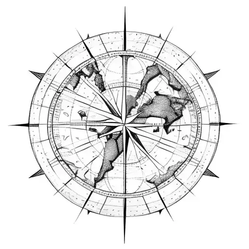 World Map Superimposed On Compass Rose