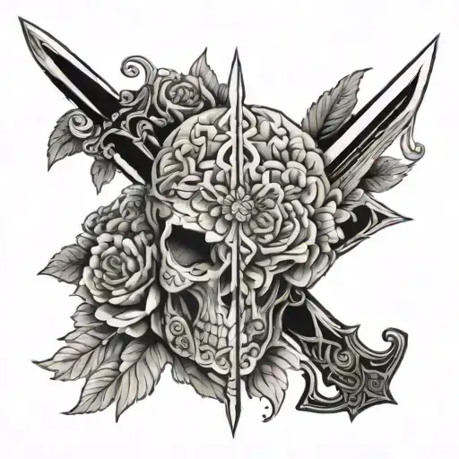 Sword Piercing A Brain With Flowers Instead Of Blood