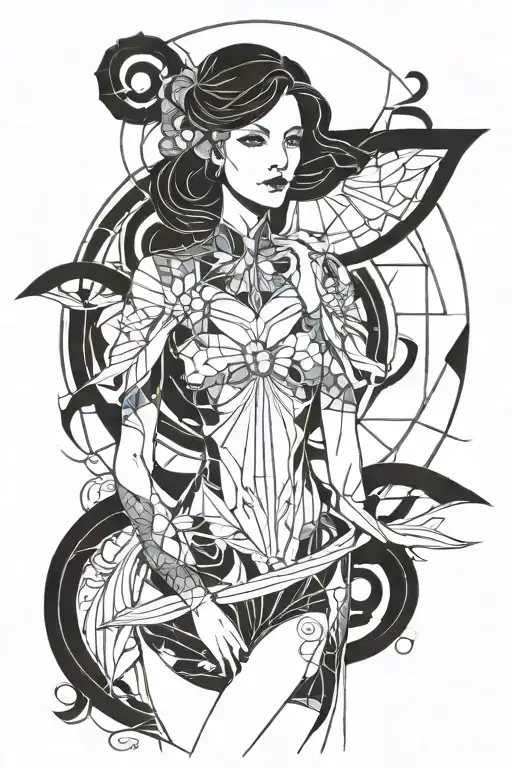 Female Davincis Proportion Study With Art Nouveau Elements