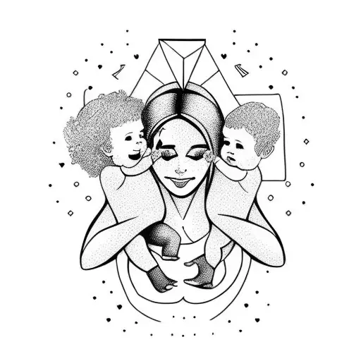 Mother With Two Children Small And Cute