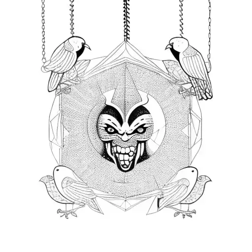 Door With Demon Eyes Surrounded By Chains And Birds Flying Chains