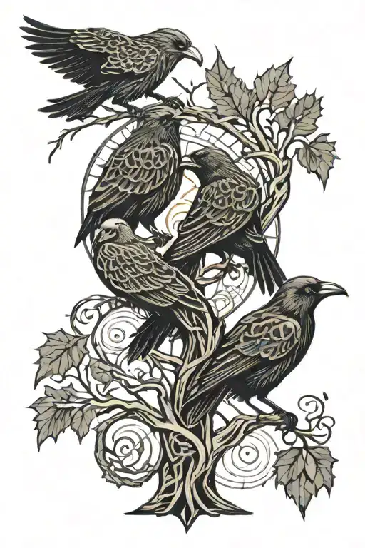 Huginn And Muninn With Yggdrasil Tree