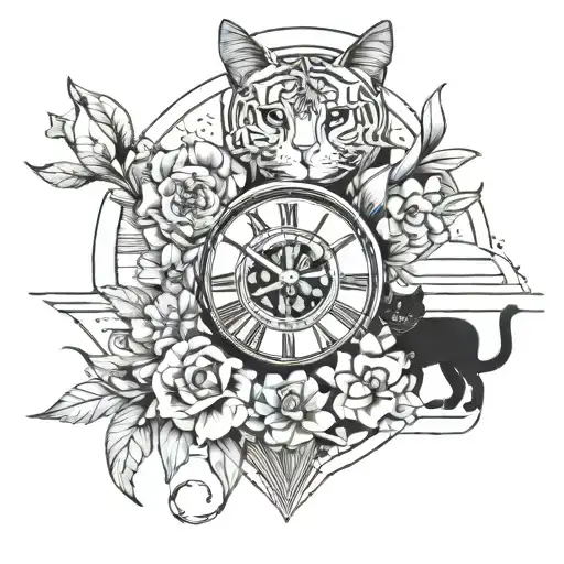 Clock And Beach With Flower And Cat With