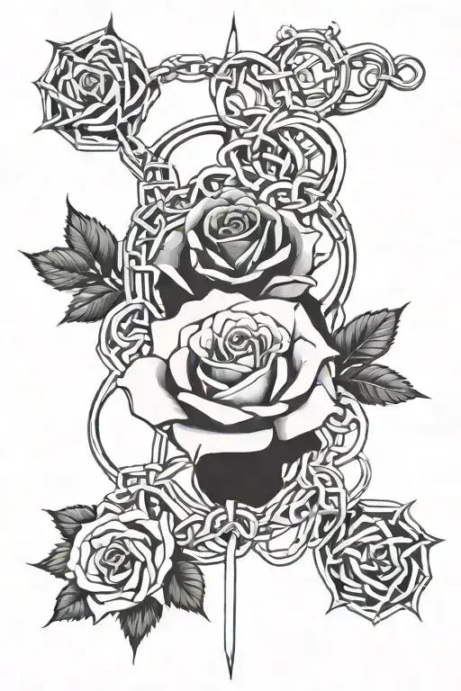 Thin Feminine Curls One Single Rose In The Center Surrounded By Chains