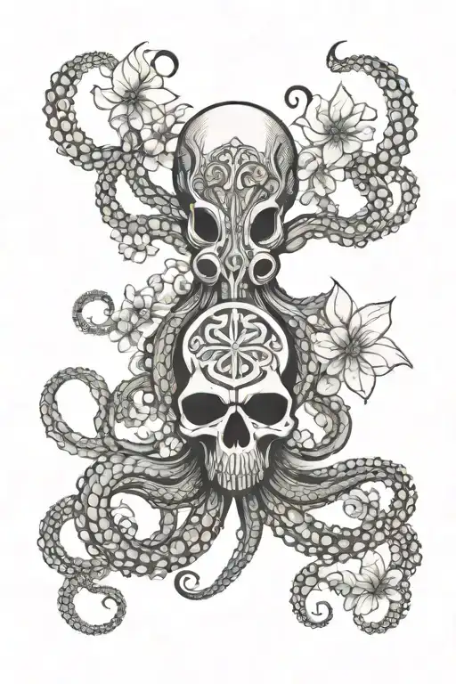 Octopus With A Skull For Its Head And Flowers Intertwined
