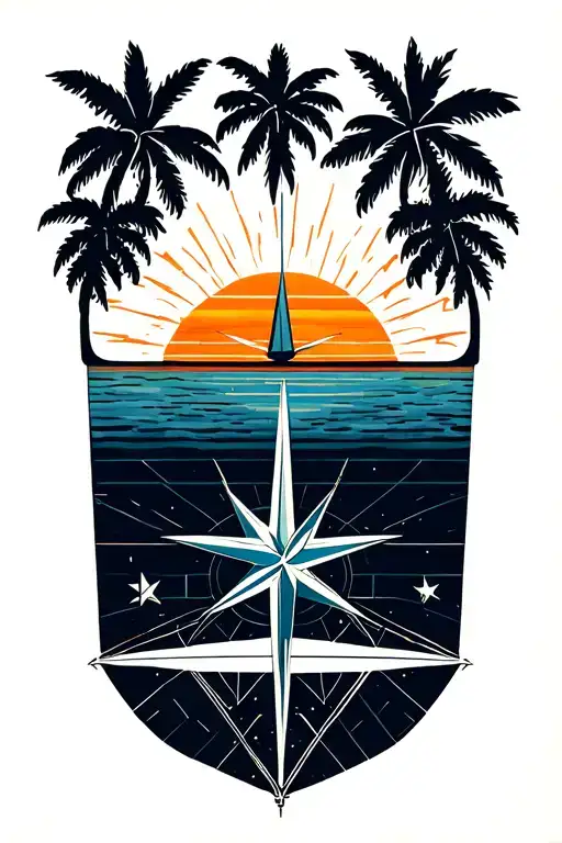 Compass Sunrise Stars Palmtrees