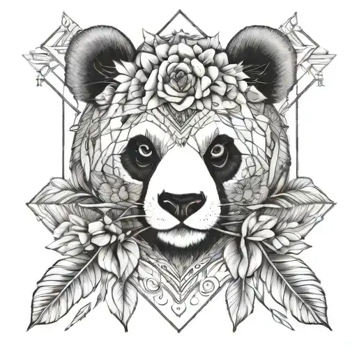 Fine Line Geometric Panda Head With Arrow And Flowers Black And White And Without Too Many Details
