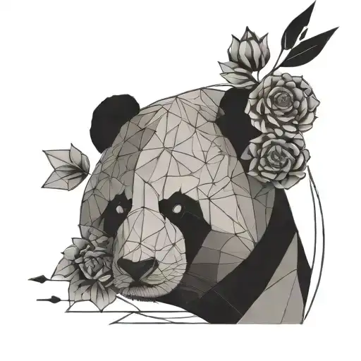 Fine Line Geometric Panda Head With Arrow And Flowers Black And White And Without Too Many Details
