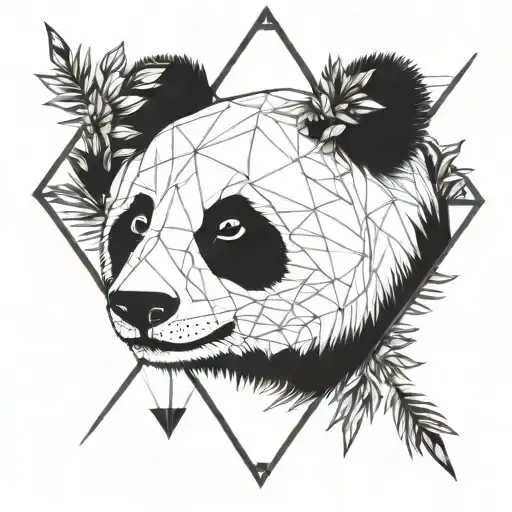 Fine Line Panda Head In A Triangle With Arrows And Fine Vegetal Black With All Details In Triangle