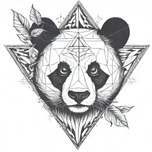 Fine Line Panda Head In A Triangle With Arrows And Fine Vegetal Black With All Details In Triangle