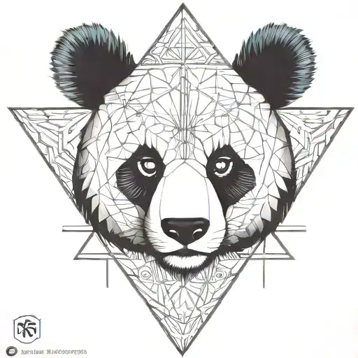 Fine Line Panda Head In A Triangle With Arrows And Fine Vegetal Black With All Details In Triangle