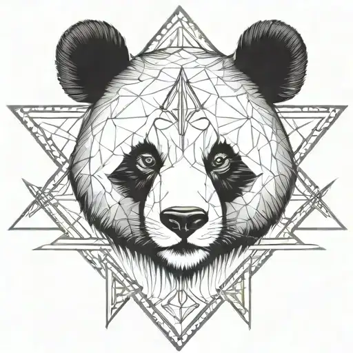 Fine Line Panda Head In A Triangle With Arrows And Fine Vegetal Black With All Details In Triangle