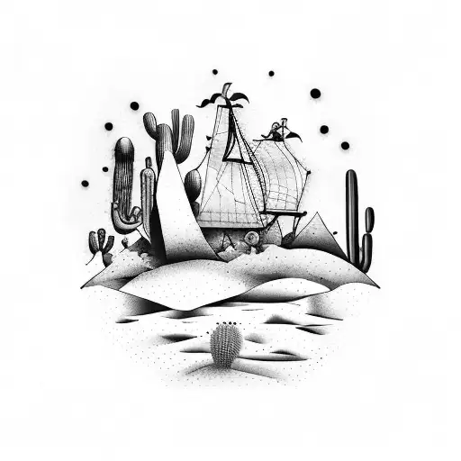 A Dotwork Tattoo Of A Pirate Ship Sailing Through A Desert Landscape Filled With Cacti