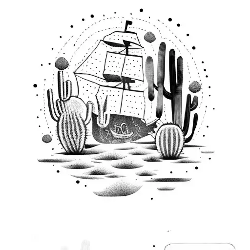 A Dotwork Tattoo Of A Pirate Ship Sailing Through A Desert Landscape Filled With Cacti