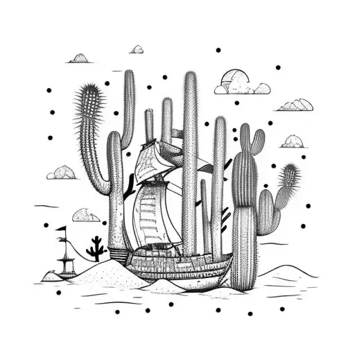 A Detailed Pirate Ship Sailing Through A Sea Of Cacti