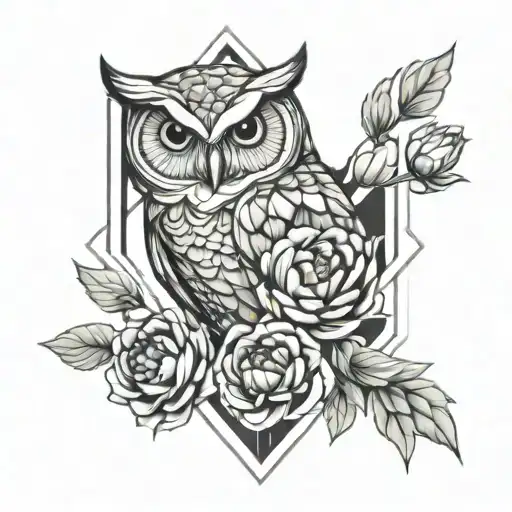 Owl And Peonies Female Tattoo Design