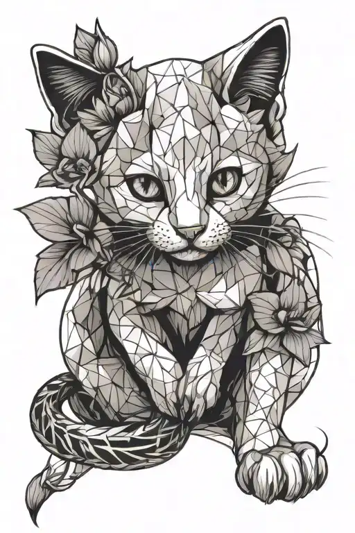 White Kitten Sits And Sniffs Orchid Branch