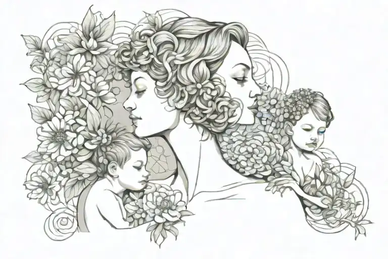 Crysanthemum And Sweet Pea Surrounding Short-haired Mom And Baby