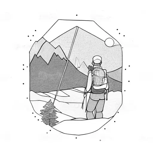 A Hiker At The Bottom Of A Mountain With A Sunset Behind In A Line Art