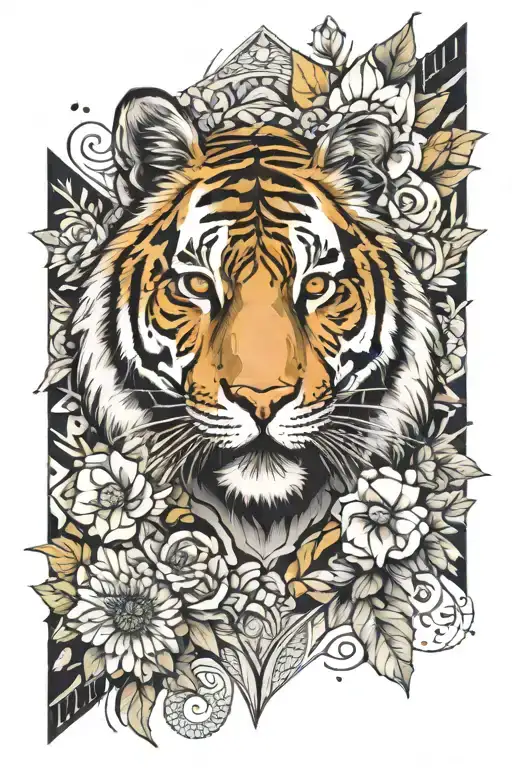 Tiger With Flowers And Mandala Design Incorporating