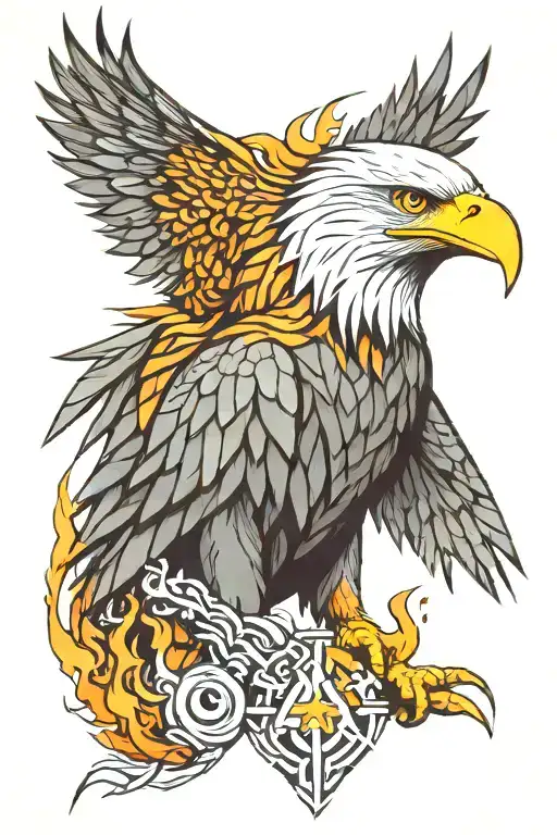 Eagle With A Background Of Fire And Water
