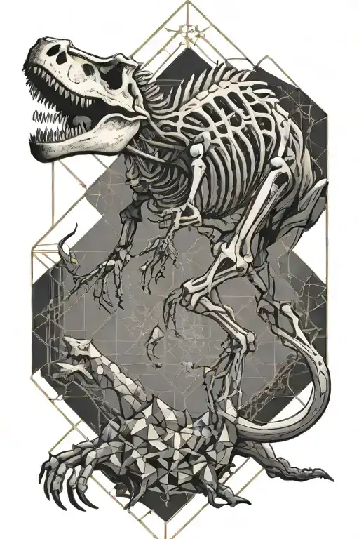 Human Skeleton Riding A Running T-rex Fossil Embedded In A Geometric