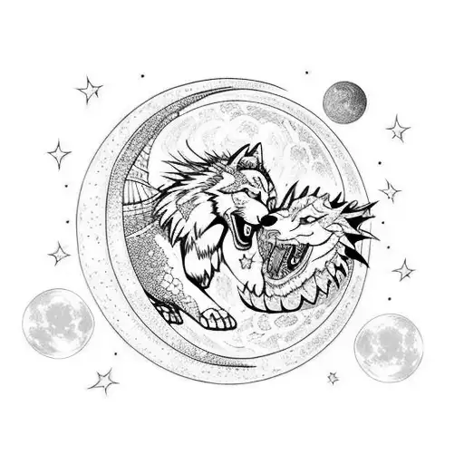Wolf Fighting A Dragon Under The Moon