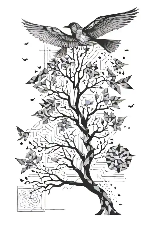 Tree With Bird Flying Away