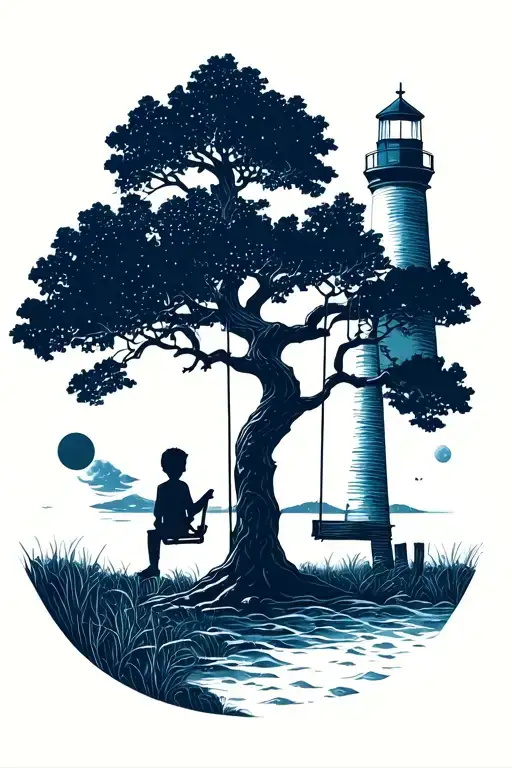 A Tree With A Boy On A Swing Looks At The Lighthouse Moon And Sun