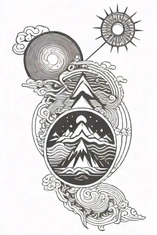 Balance Word With Waves Moutain And Sun