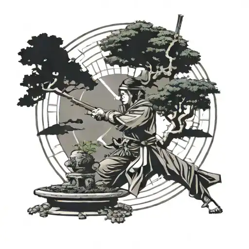 Samurai In Open Circle With Bonsai Tree Growing