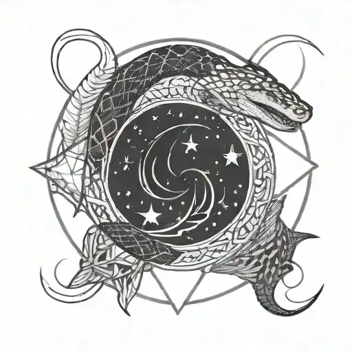 Ouroboros Snake Surrounding Sea And Stars As A Circle