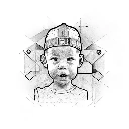 A Realistic Portrait Of His Son With A Background Of Engineering Blueprints