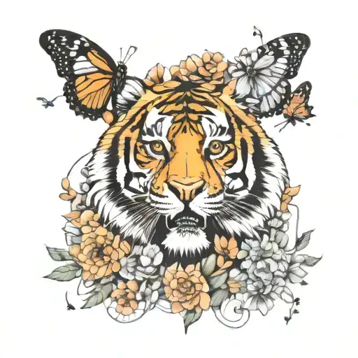 Tiger And Flowers With Butterflies Flying
