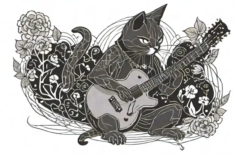 An Anime-inspired Cat Playing A Guitar With Mushrooms Growing Around It