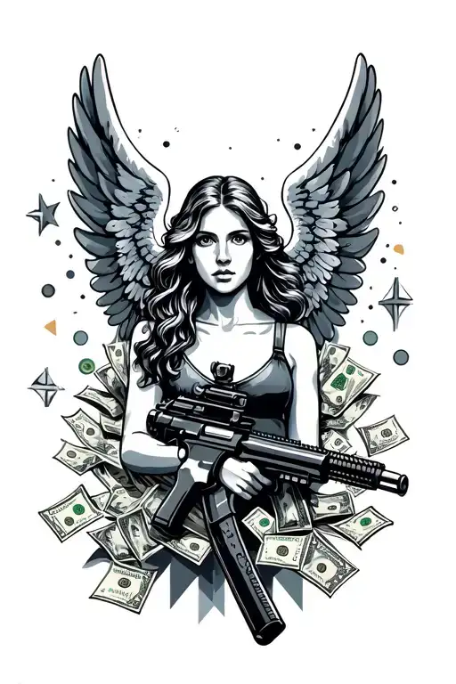 An Angel With Wings And Machine Gun And Money Around