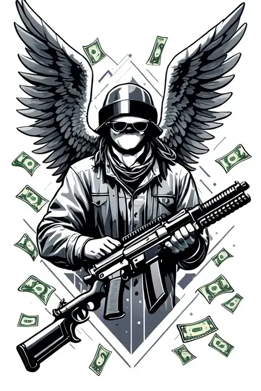 An Gangsta Angel With Machine Gun And Money Around