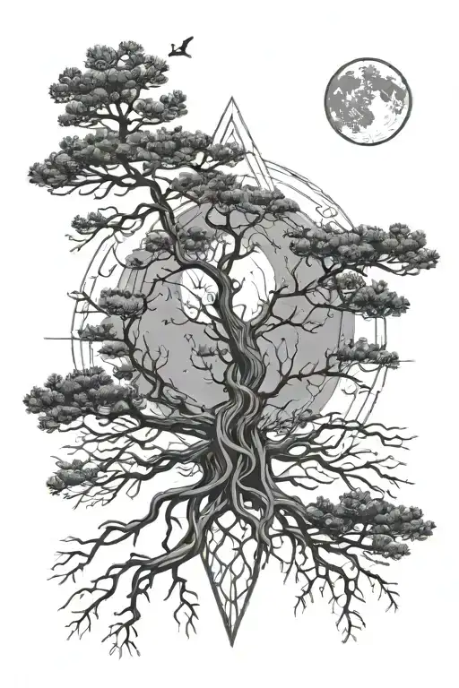 Pine With Roots And A Moon Between The Pine