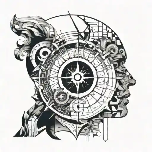 Lined Wold Half Face And Half With Compass Alone With Music Symbol In The End Portion