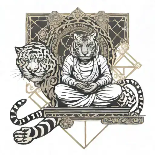 Man Sitting On Thrones Tiger Face And Caring Ak54 Gun And Buddha Book