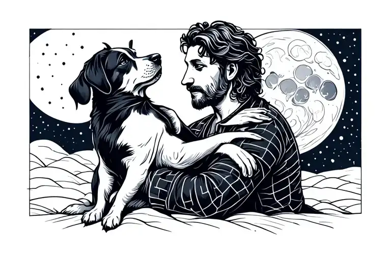 A Puppy Sitting In The Arms Of A Man And Howling At The Moon