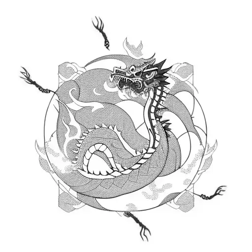 Long Flat Chinese Dragon With Red Parts Flying Above Mountains