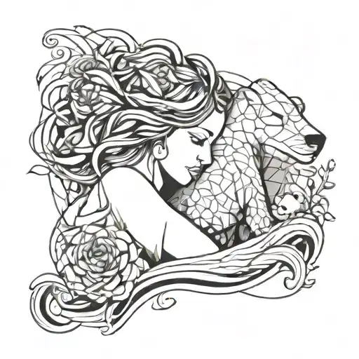 Stick Figure Girl With Flowers In Her Hair Playing With Polar Bear Cub And Waves Around Them