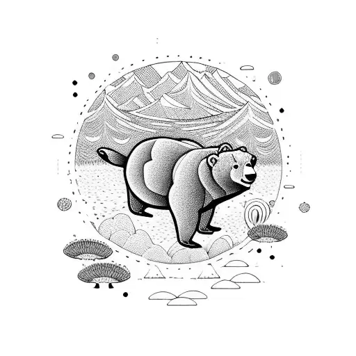 A Psychedelic Bear Fishing In A River Surrounded By Colorful Mushrooms