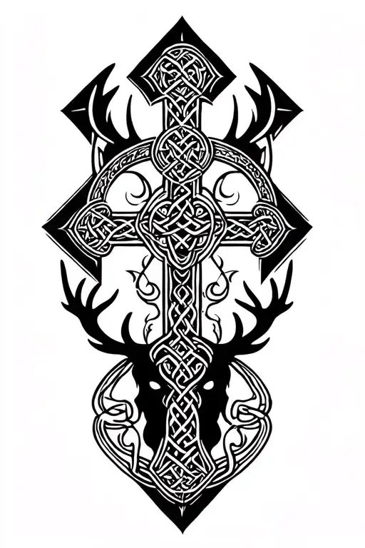 Celtic Cross And Warrior Fighting Stag