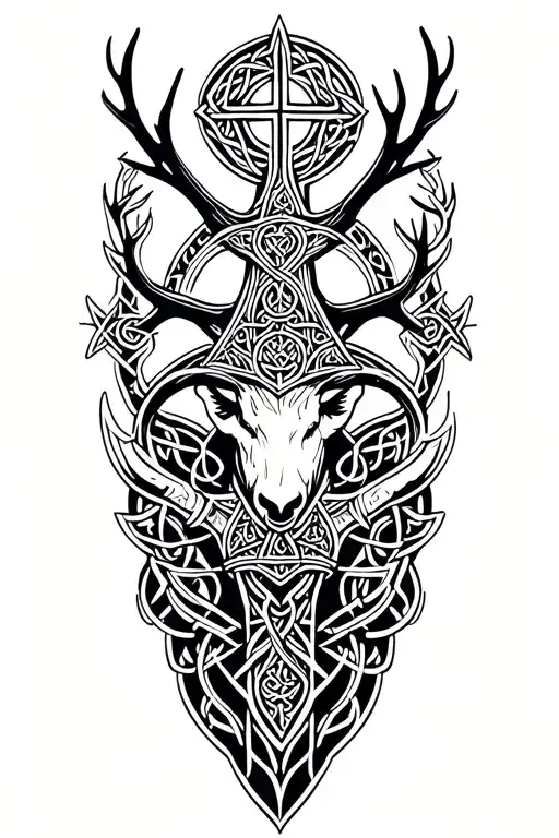 Celtic Cross And Warrior Fighting Stag